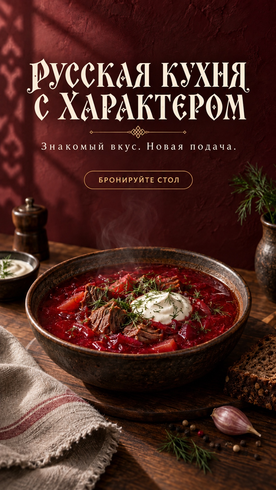 Вертикальный рекламный креатив русской кухни с борщом